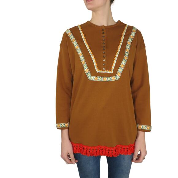 Vintage Songwriter Embroidered Brown Boho Western Tassel Blouse Small- Medium - Picture 2 of 9